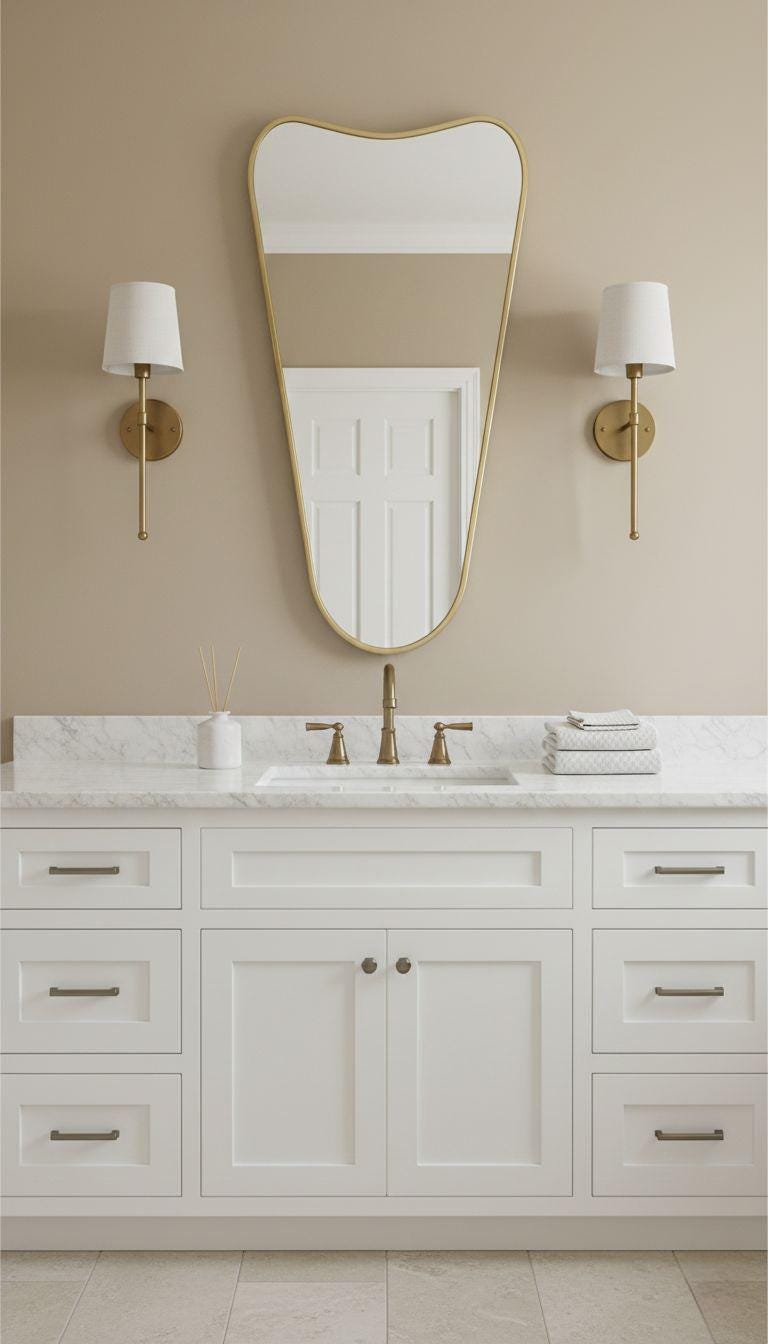 Tapered brass bathroom mirror with curved top and wall sconces