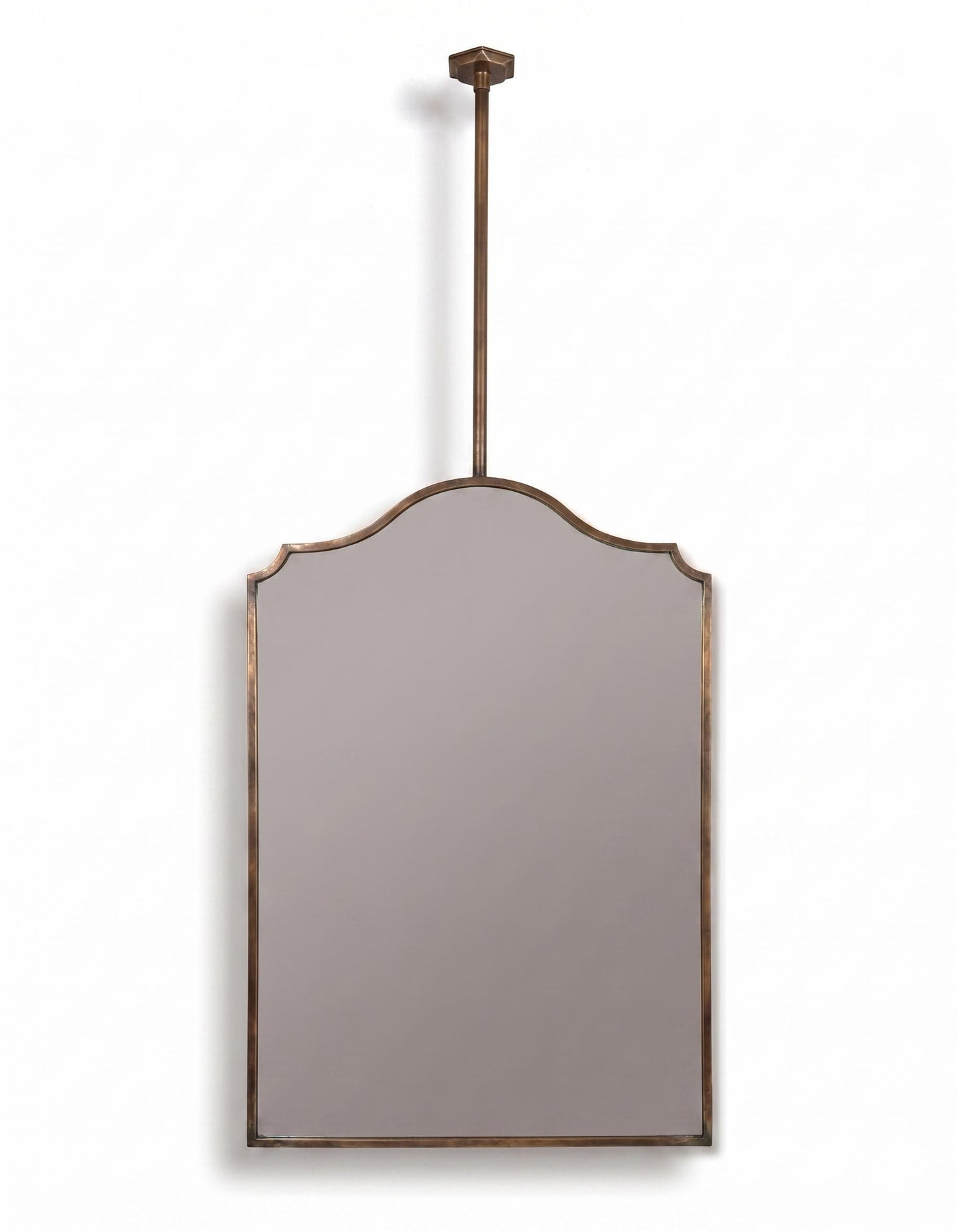 Suspended scalloped brass mirror with dimension guide