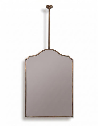 Suspended scalloped brass mirror with dimension guide