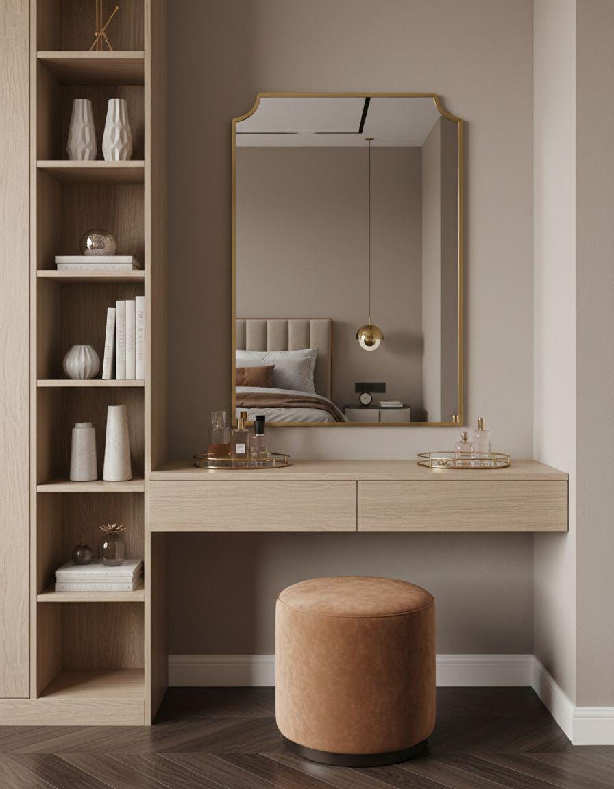 Handmade scalloped brass mirror above bedroom vanity
