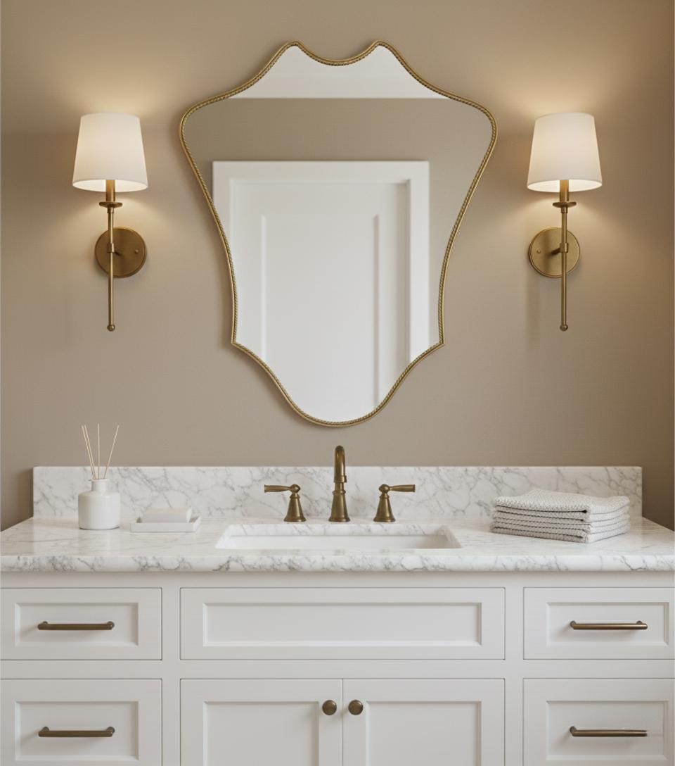 Handmade shield brass mirror with wall sconces