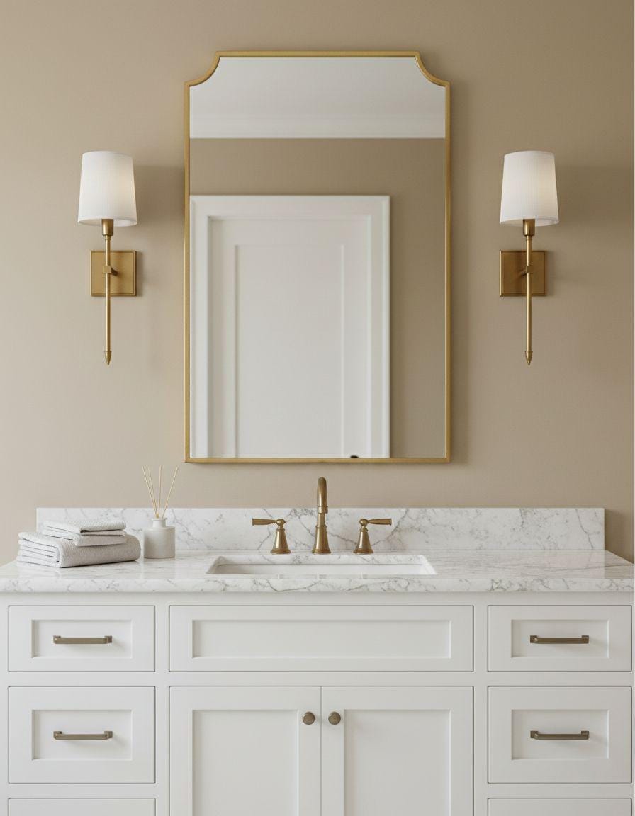 Scalloped brass vanity mirror with wall sconces