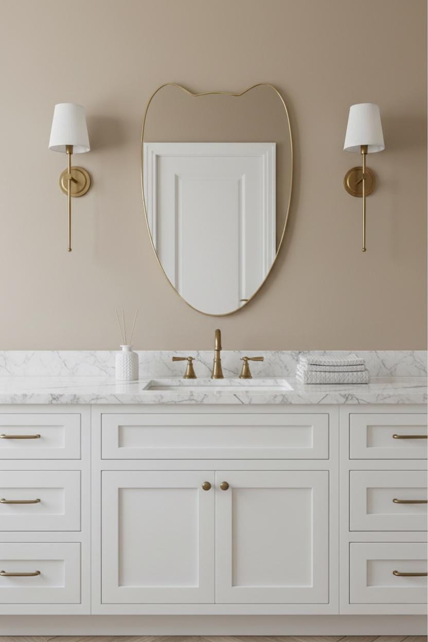 Handmade curved brass mirror with wall sconces