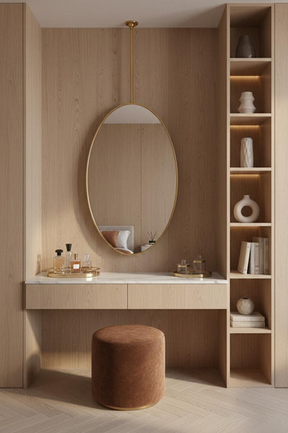 Oval brass ceiling mirror above wooden vanity