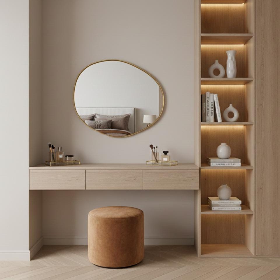 Handmade irregular brass mirror above modern bedroom vanity