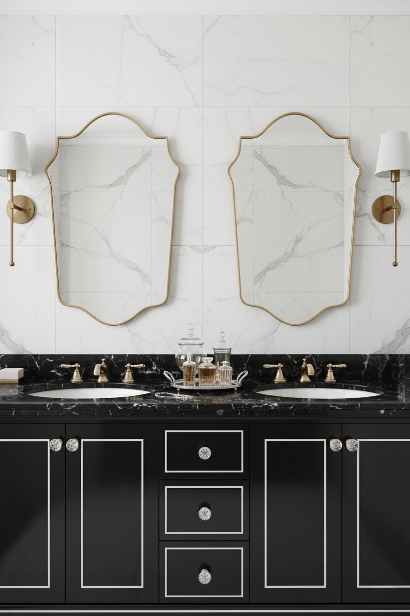Double arched crest brass vanity mirrors in marble bathroom