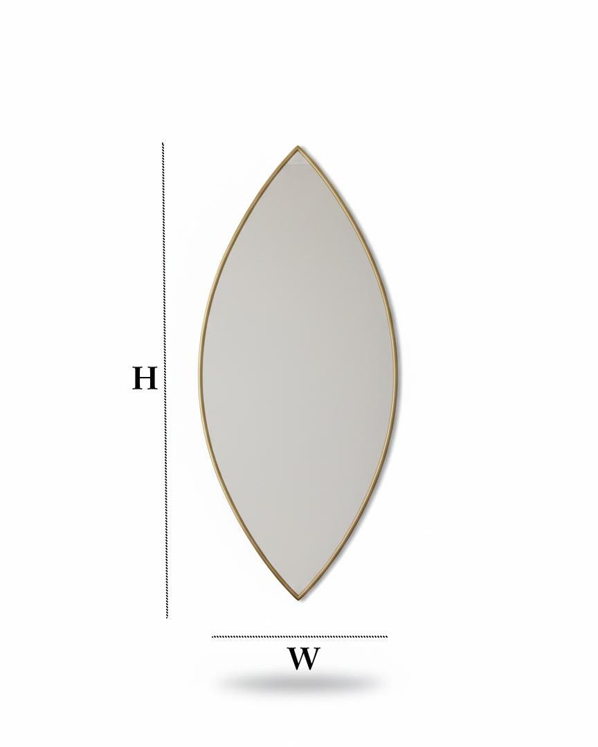 Pointed oval brass mirror with size dimensions illustration
