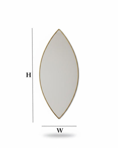 Pointed oval brass mirror with size dimensions illustration