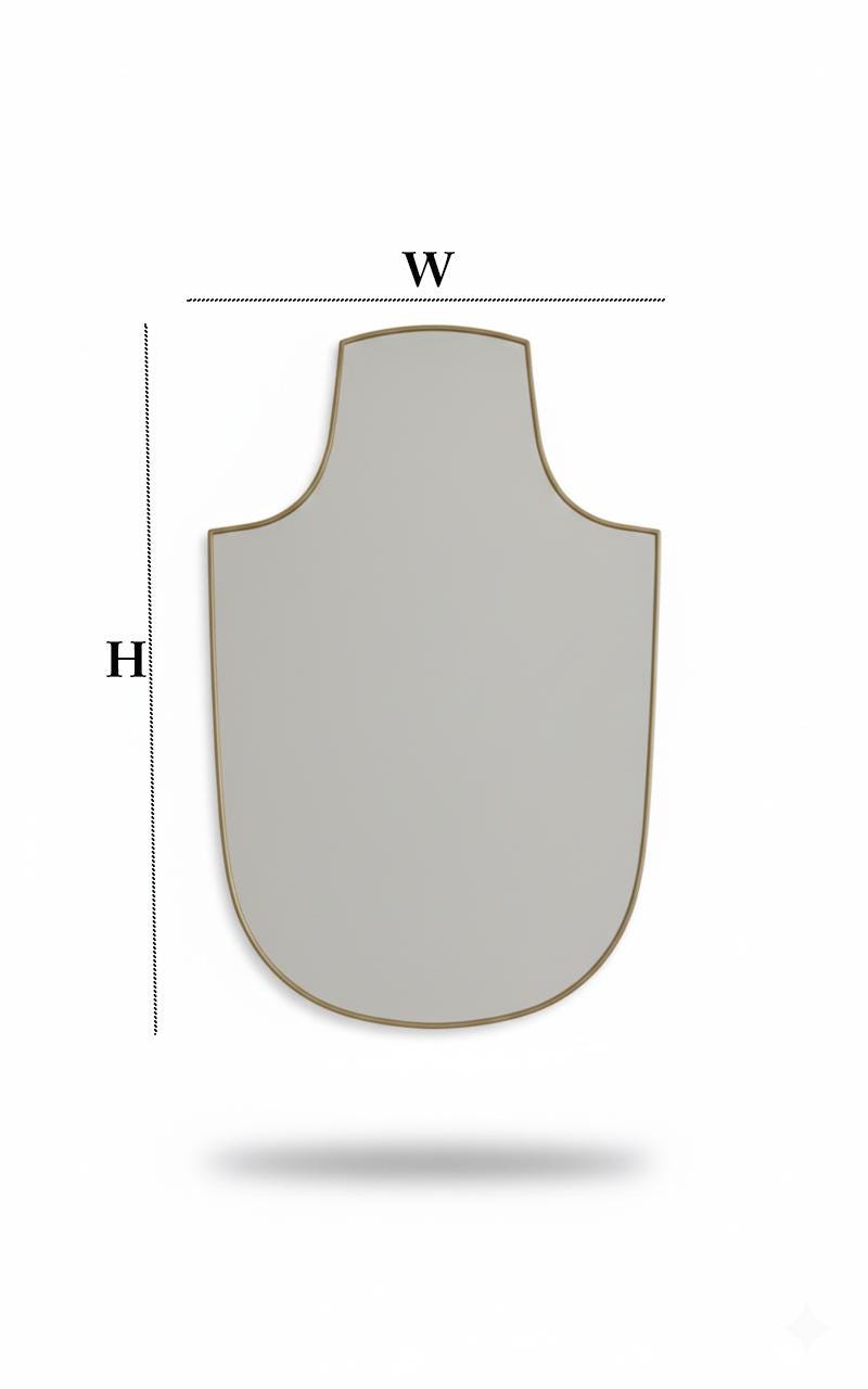 Shield brass mirror with dimensions diagram showing height and width