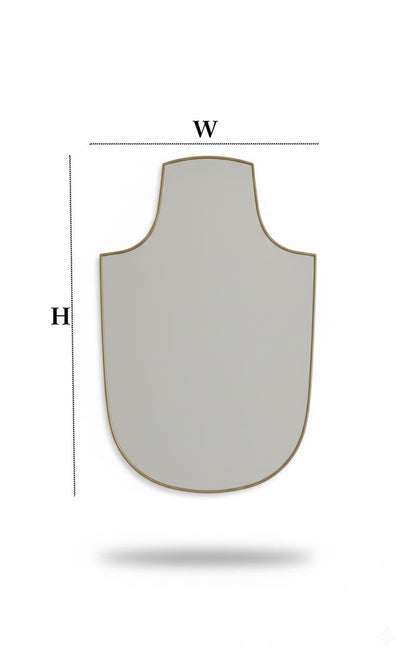 Shield brass mirror with dimensions diagram showing height and width