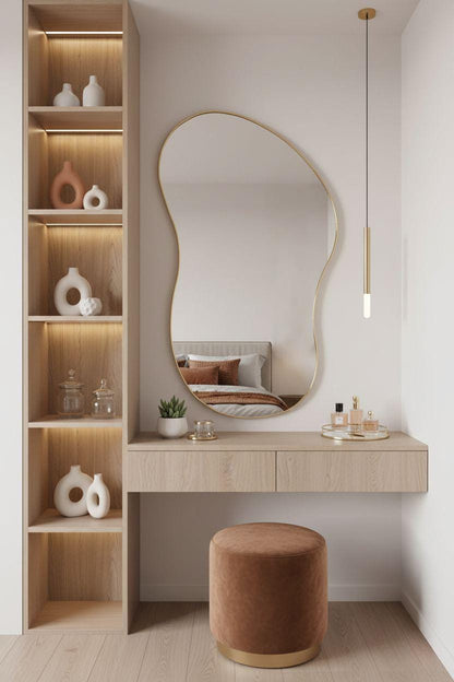 Modern asymmetrical brass mirror in minimalist bedroom vanity