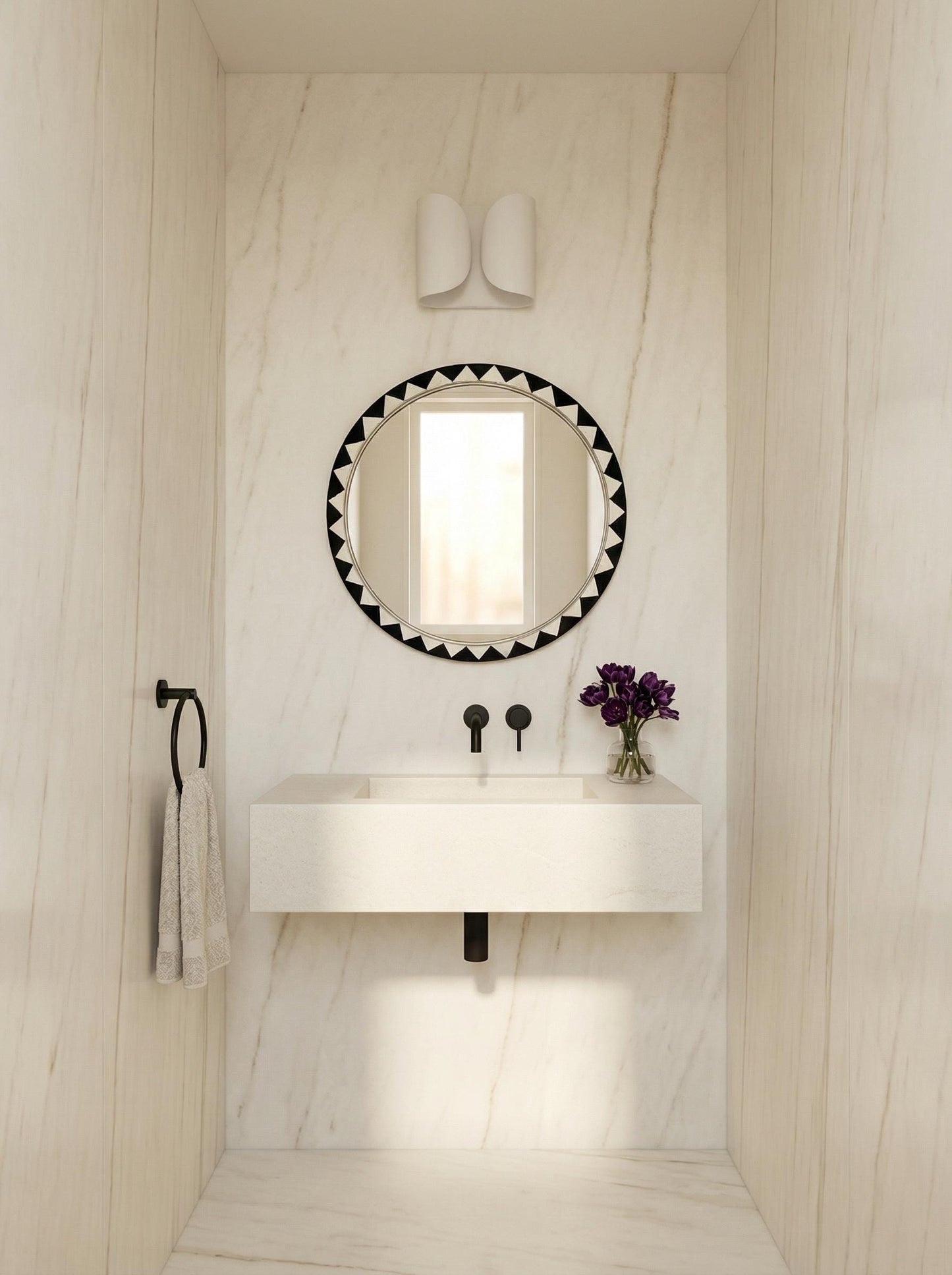 Round Moroccan geometric mirror in minimalist white marble bathroom