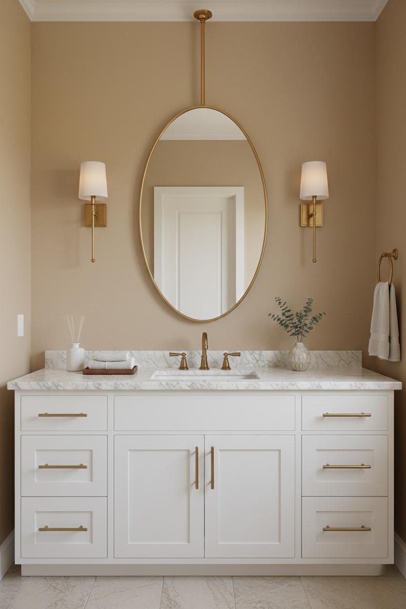 Oval brass hanging mirror above white vanity