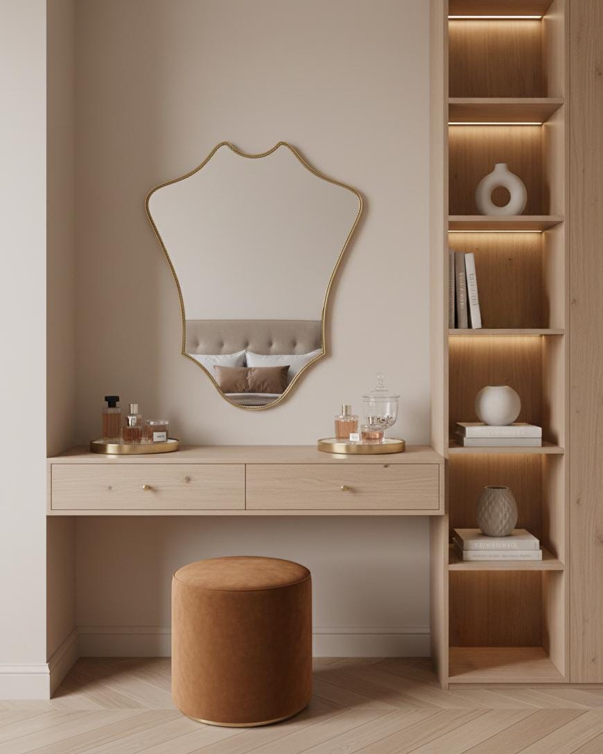 Curved shield brass mirror above wooden vanity