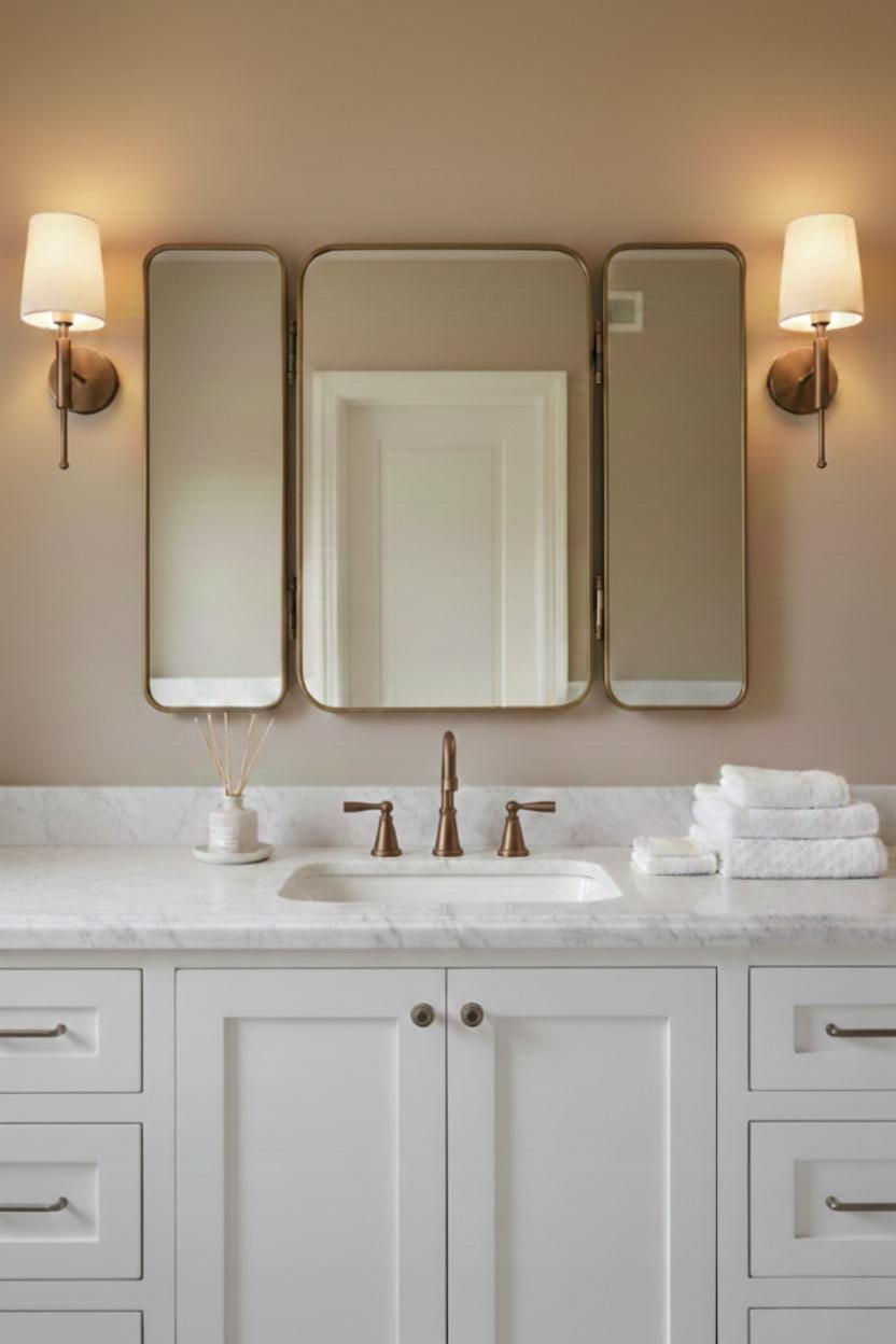 Tri Fold Brass Mirror – Three Panel Folding Bathroom Vanity Mirror With Adjustable Side Panels