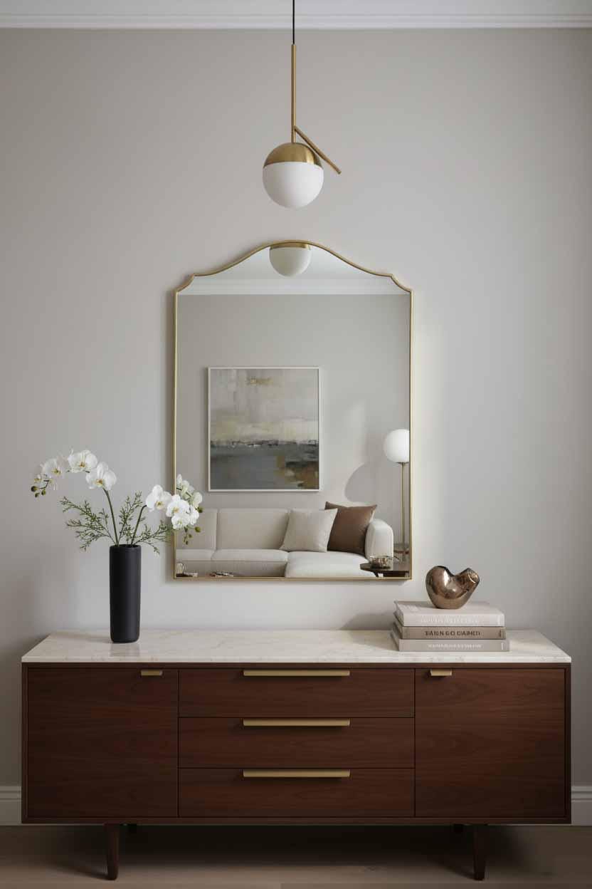Brass framed arched wall mirror above modern dresser with white orchid flowers, books, and contemporary décor