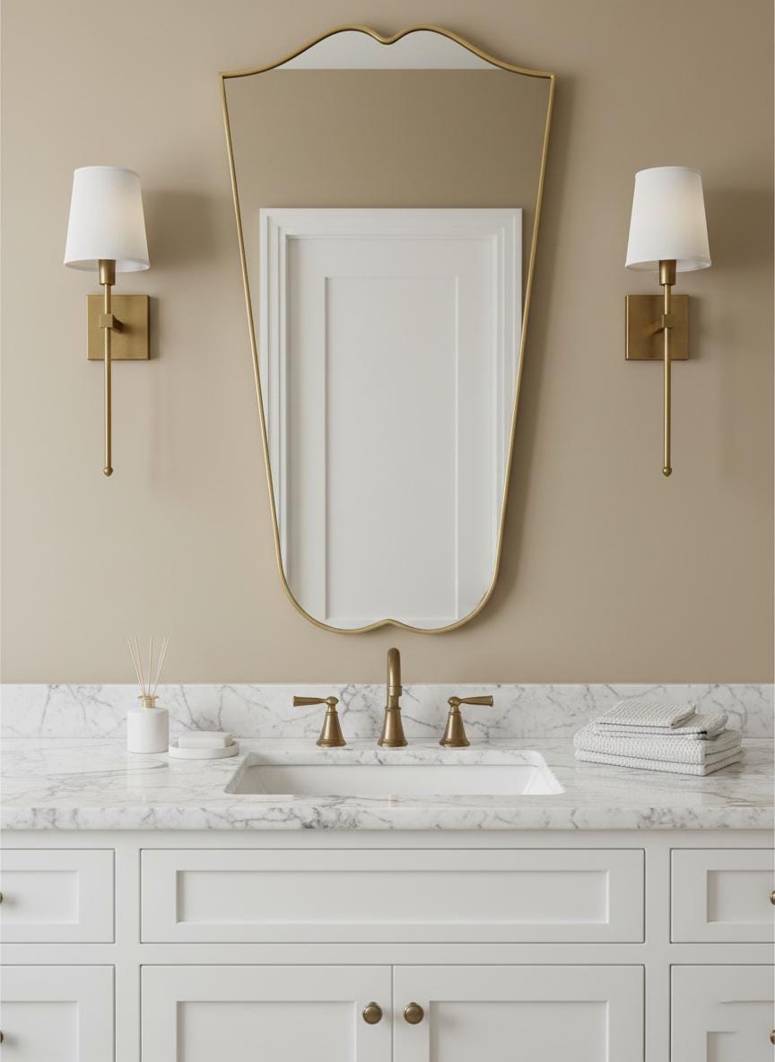 Curved brass bathroom mirror with wall sconces