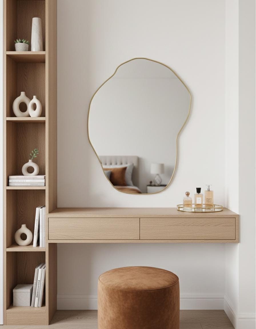 Organic irregular brass wall mirror above modern vanity desk