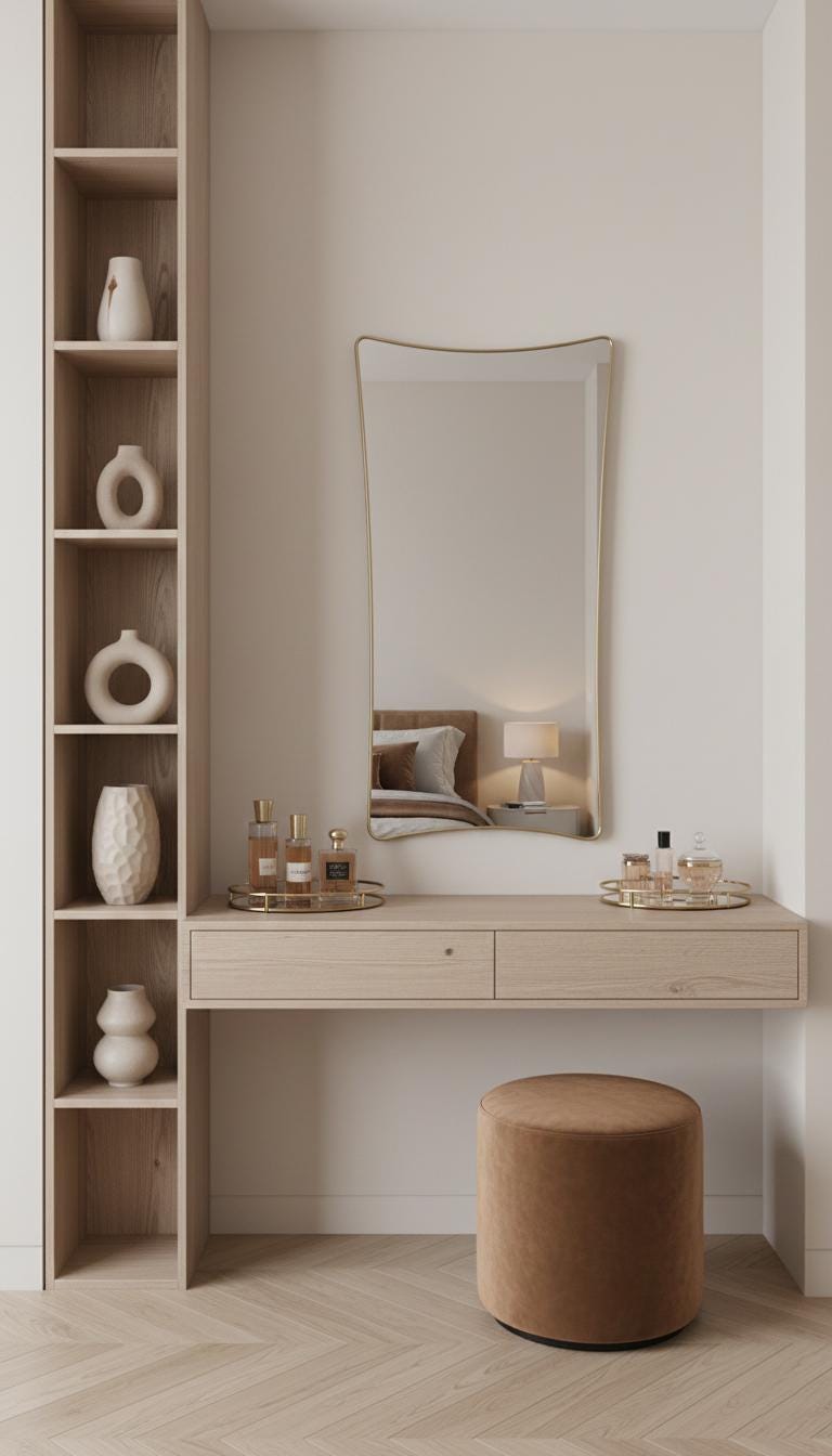 Modern curved brass mirror styled above minimalist dressing table