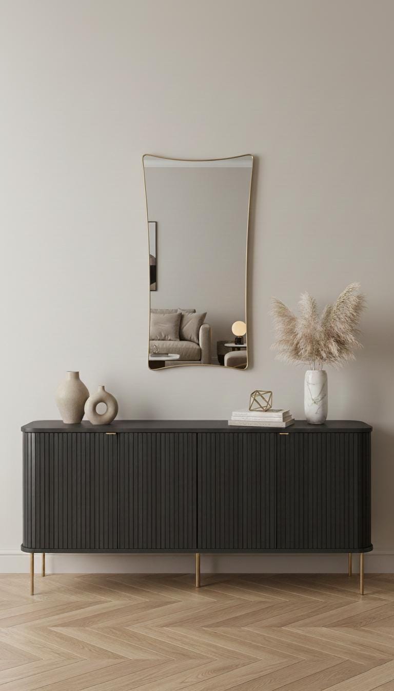 Irregular brass wall mirror above black console cabinet