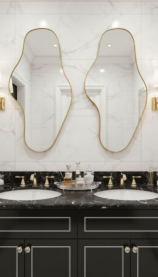 Modern organic brass mirror in minimalist vanity area