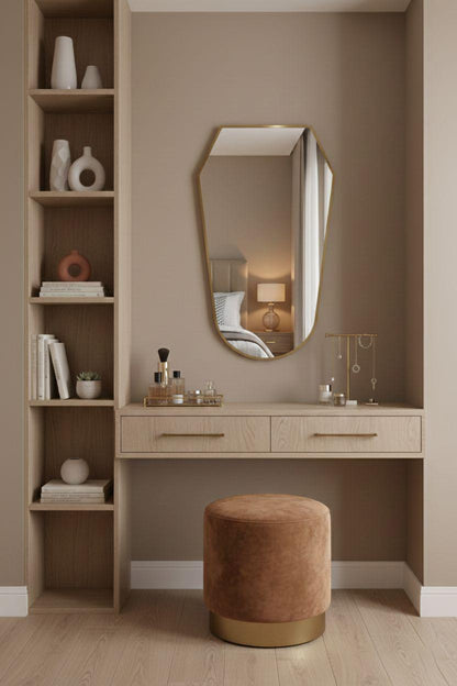 Shield brass mirror in minimalist dressing area