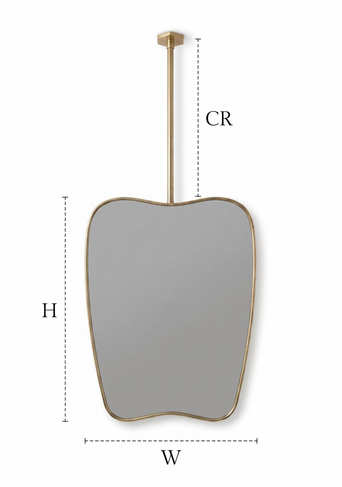 Suspended organic brass mirror with dimension guide and ceiling rod measurements