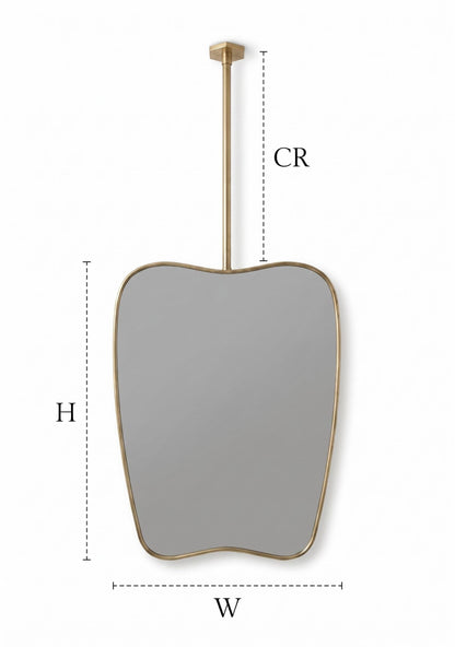 Suspended organic brass mirror with dimension guide and ceiling rod measurements