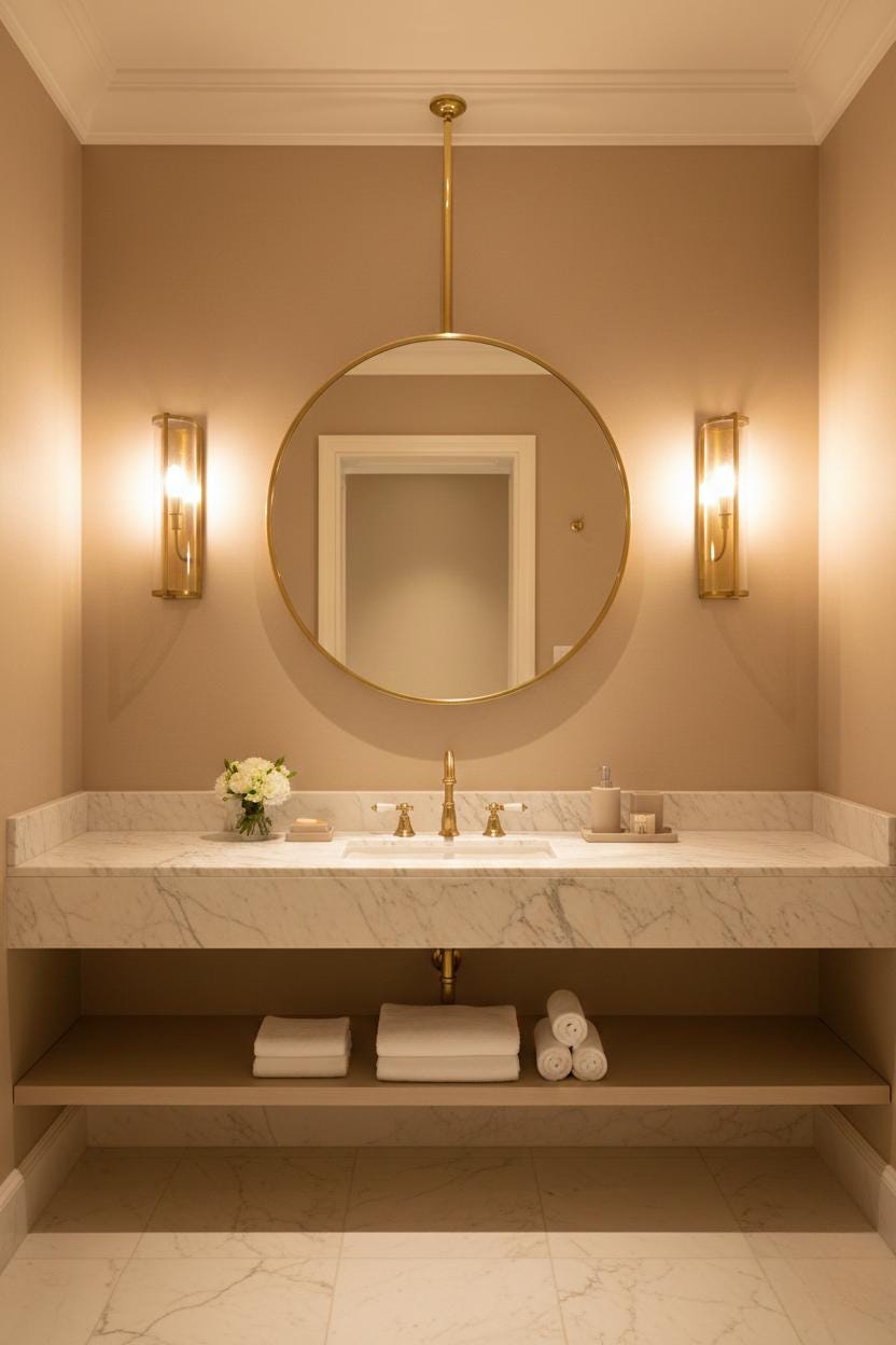 Luxury bathroom with round brass hanging mirror and wall sconces