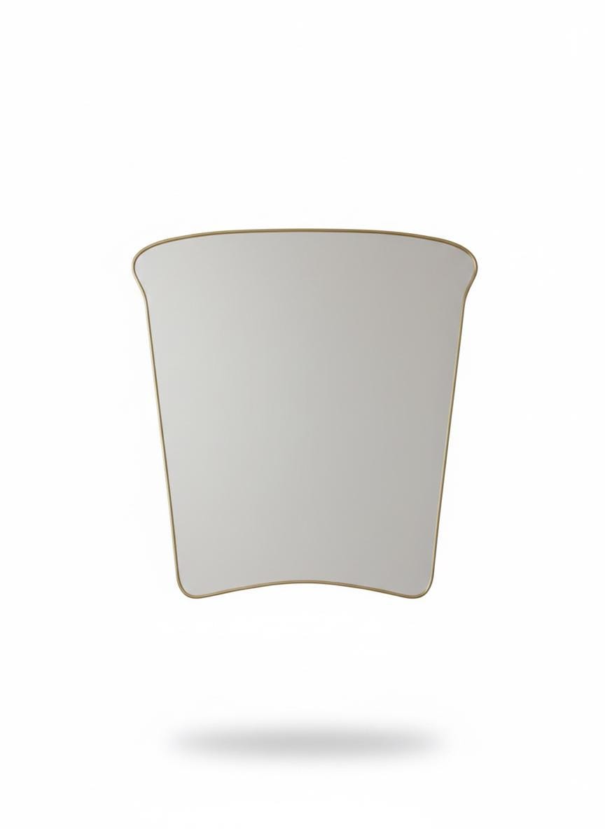 Curved square brass mirror in a white background