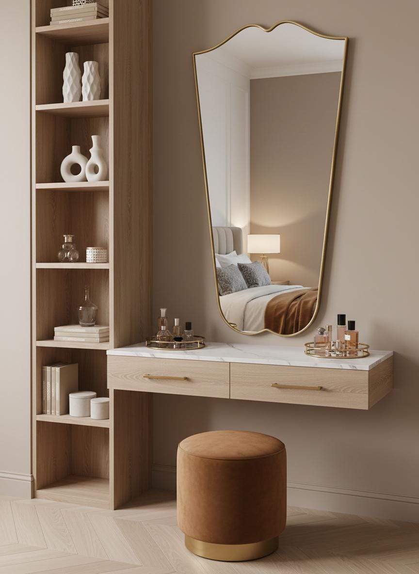 Tall curved gold mirror above modern vanity