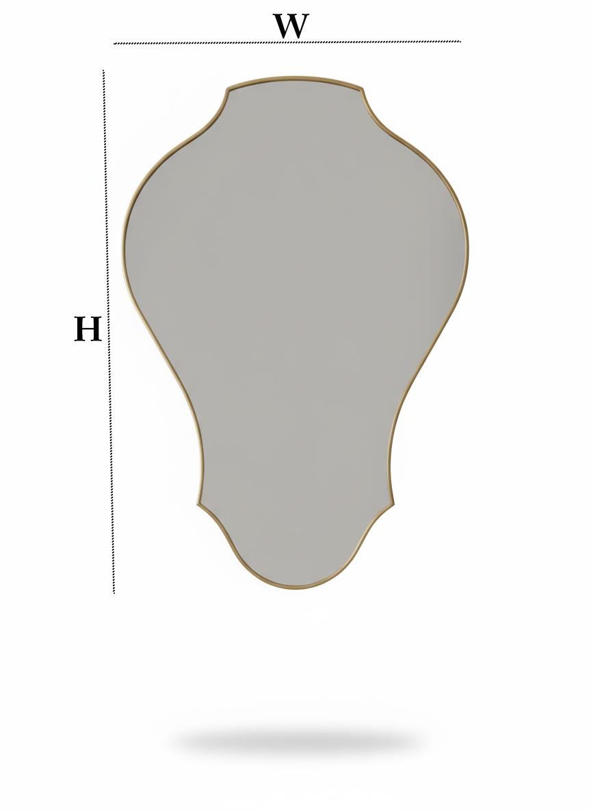 Curved sculptural brass wall mirror dimension guide