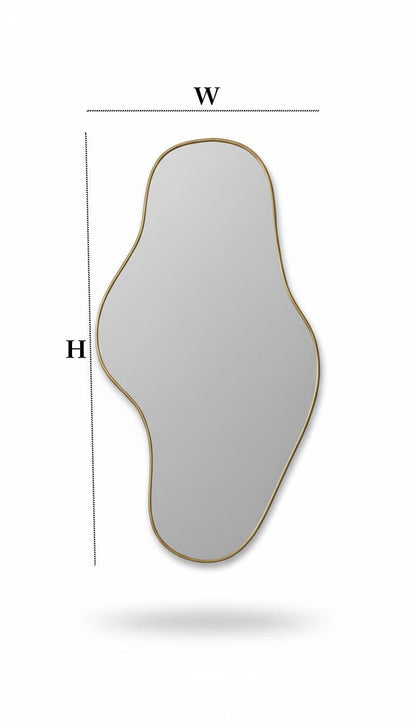 Asymmetrical brass mirror with height and width dimensions