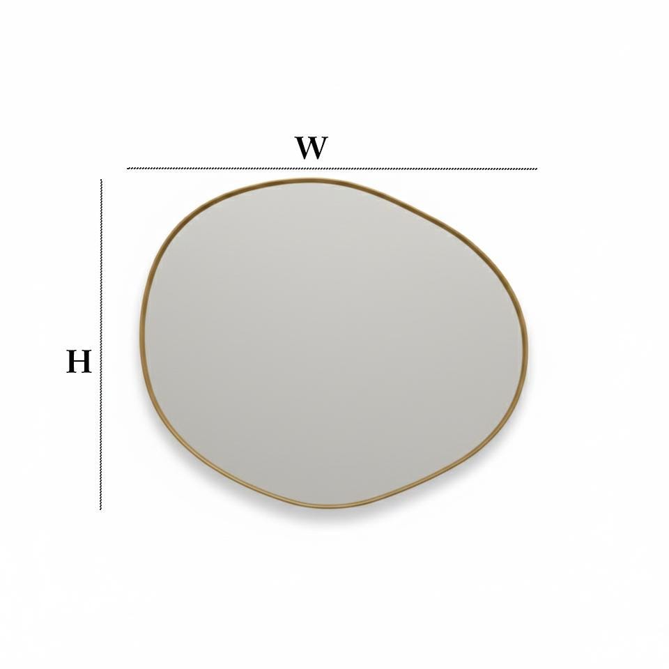 Asymmetrical brass mirror with width and height dimensions