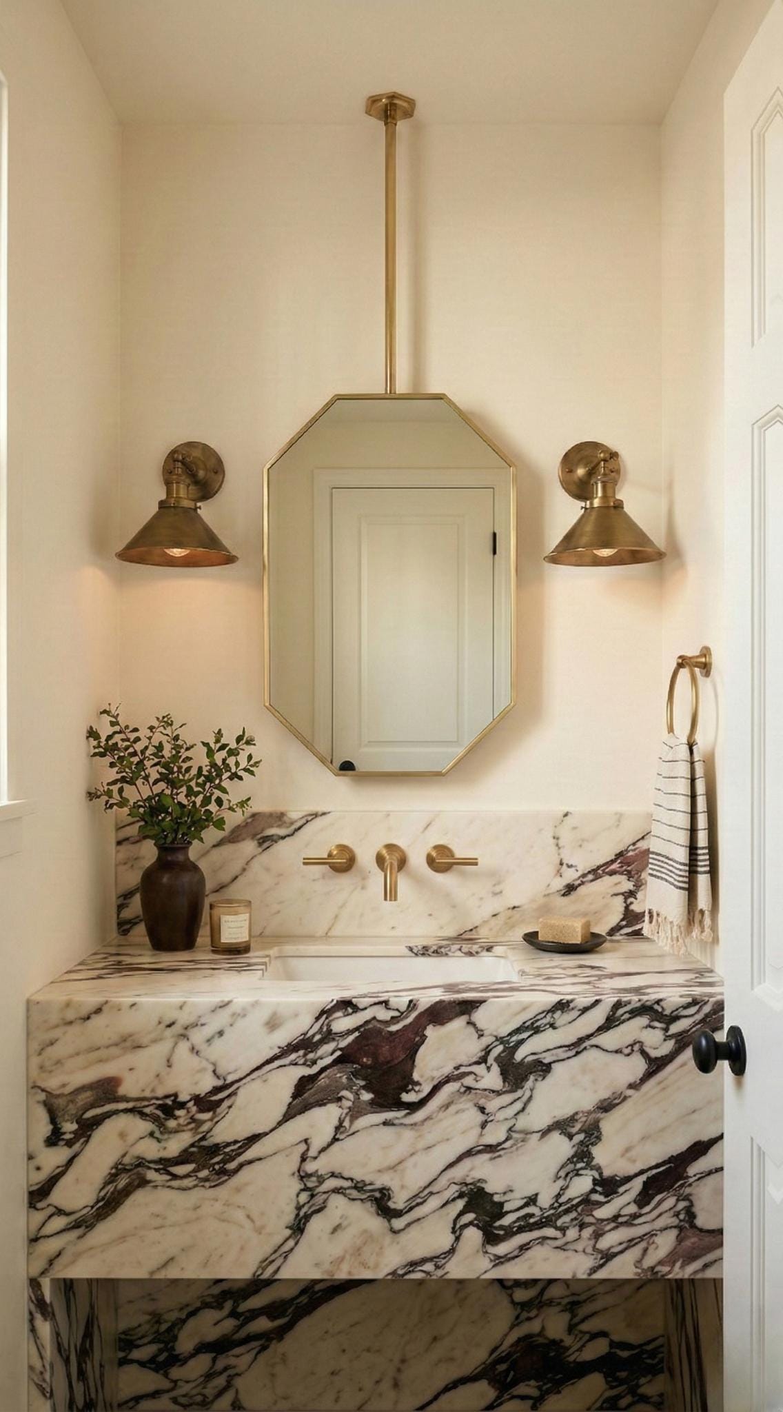 Octagonal Brass Mirror – Modern Ceiling Suspended Bathroom Wall Mirror