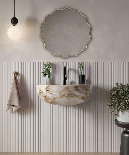 Curved edge mirror above basin