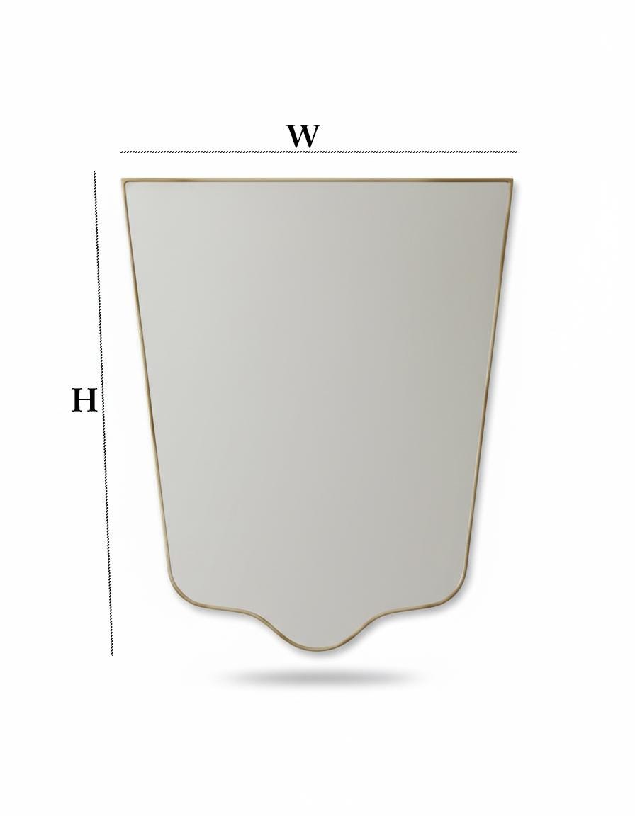 Shield brass mirror with width and height dimensions