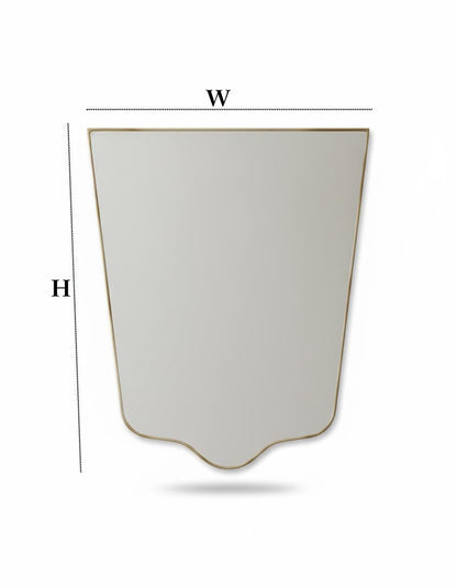 Shield brass mirror with width and height dimensions