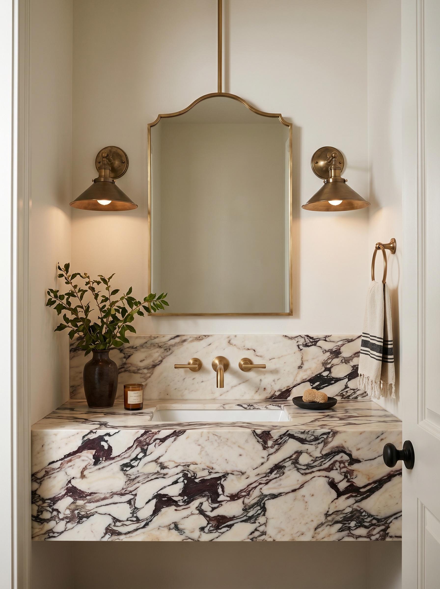 Ceiling mounted brass mirror in minimalist marble bathroom