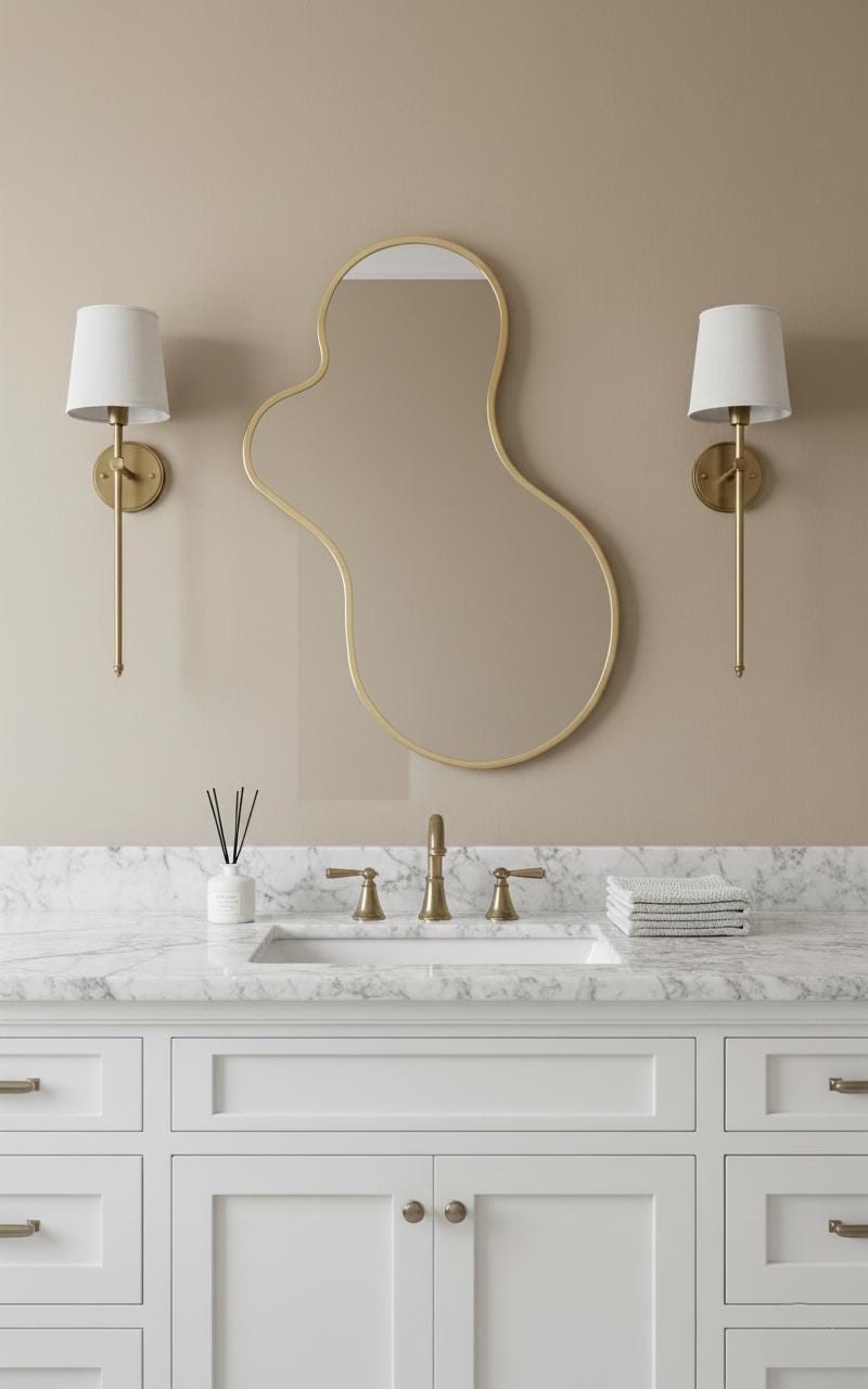 Organic asymmetrical brass mirror in modern bathroom