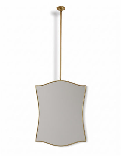 Suspended sculptural brass mirror on white background