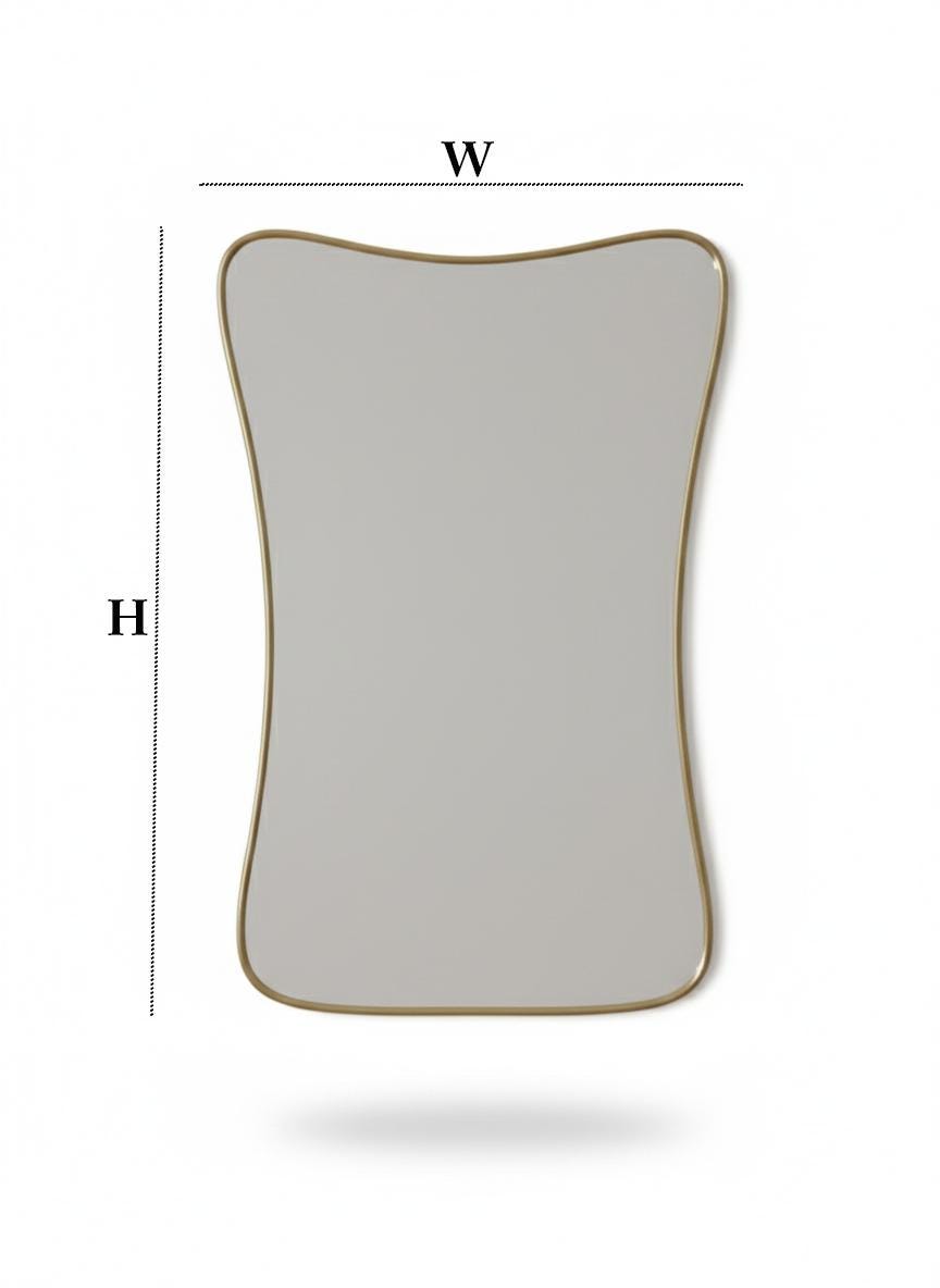 Curved brass mirror with width and height diagram