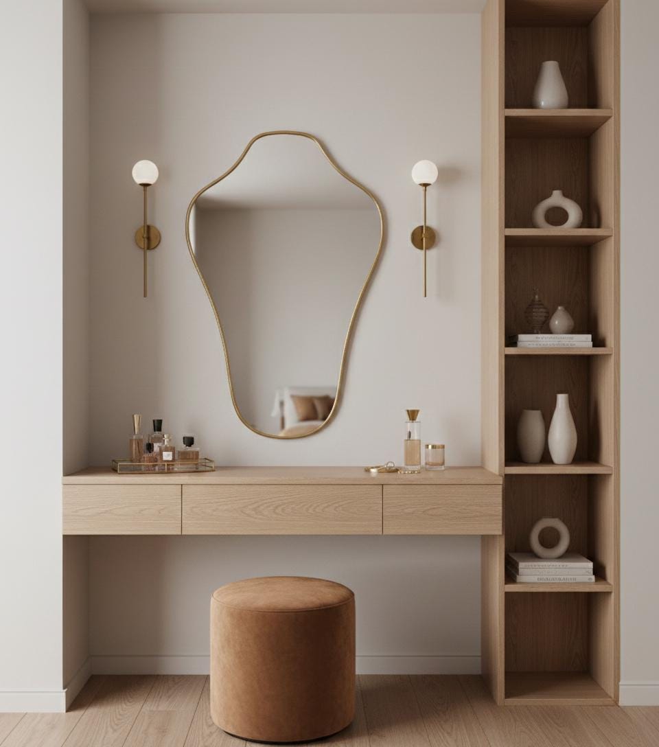 Sculptural asymmetrical brass mirror in vanity nook