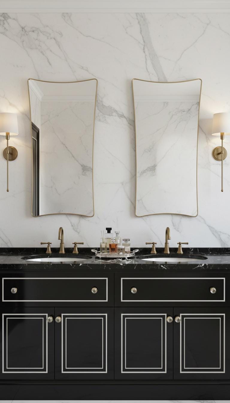 Handmade brass mirror with soft curved edges in double vanity bathroom